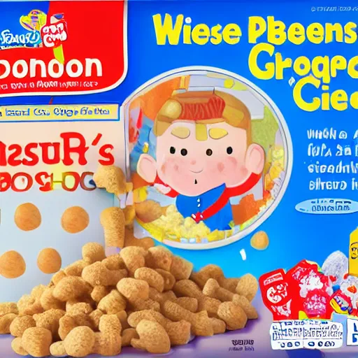 Image similar to kid-friendly cover illustration on a box of obese George Washington kids' sugar cereal with a surprise