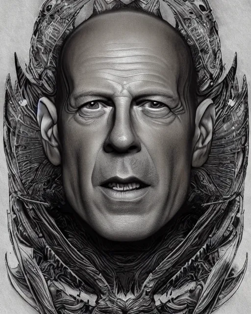 Prompt: face-centred portrait of Bruce Willis in lord of the rings movie , body covered in elfish tattoos , open magic book glowing, D&D, fantasy, highly detailed, digital art, fantasy illustration, trending on artstation, smooth, sharp focus, illustration, art by artgem and ROBERT HYNES