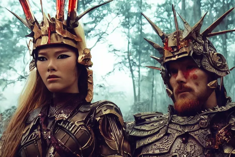 Image similar to vfx movie scene closeup nomad cyborg warrior viking geisha in a smoldering forest. by emmanuel lubezki