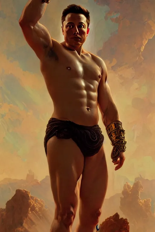 Prompt: Elon Musk as a Greek god, gorgeous, amazing, muscular, fit, very muscular male body, intricate, highly detailed, digital painting, artstation, concept art, sharp focus, illustration, art by greg rutkowski and alphonse mucha
