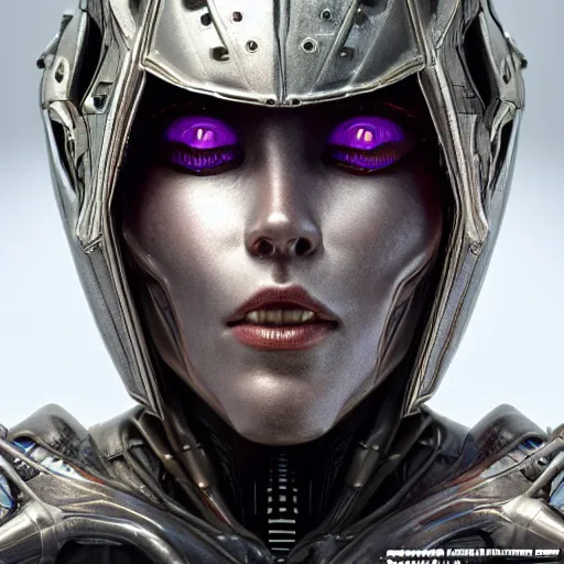 Image similar to close - up evil scifi subsurface wax cyborg android queen wearing a medieval helmet, ultra realistic, concept art, intricate details, serious, highly detailed, photorealistic, octane render, 8 k, unreal engine, art by todd mcfarlane and artgerm and greg rutkowski and alphonse mucha