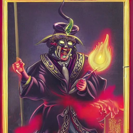 Image similar to a charismatic solid gold demon in a fantasy gambling den, red mist surrounding, studio gibli