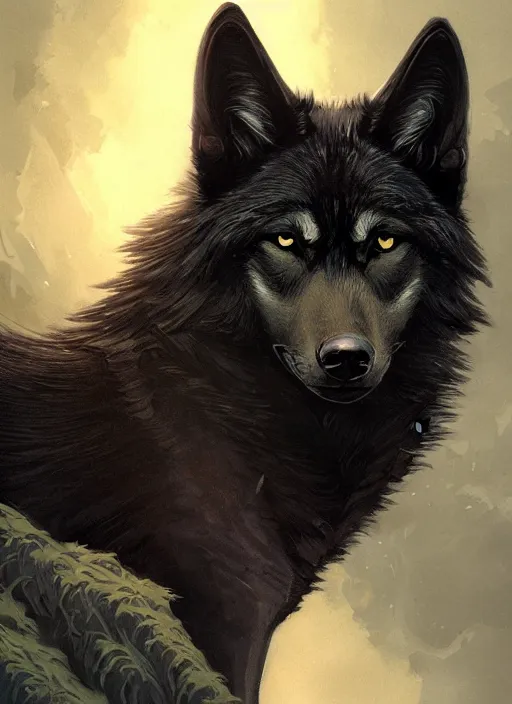 Image similar to a black wolf sitting looking forward, art nouveau, D&D, fantasy, elegant, highly detailed, digital painting, artstation, concept art, matte, sharp focus, illustration, art by Artgerm and Greg Rutkowski and WLOP