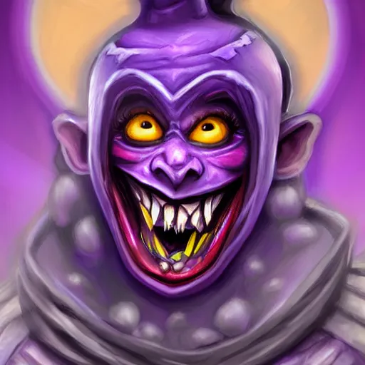 Image similar to a violet evil laughing jester, fantasy digital art, in the style of hearthstone artwork