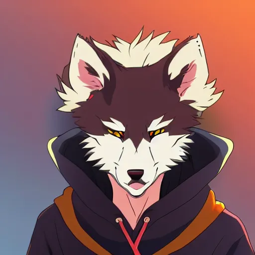 Image similar to key anime visual portrait of a handsome male anthro wolf furry fursona with beautiful eyes, wearing a hoodie, official modern animation