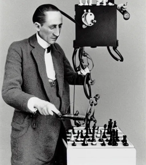 Image similar to marcel duchamp holding up a chess - piece wire - machine, a surrealist painting by marcel duchamp, complex artificial - intelligence machinery, flickr contest winner, studio portrait, 1 9 2 0 s