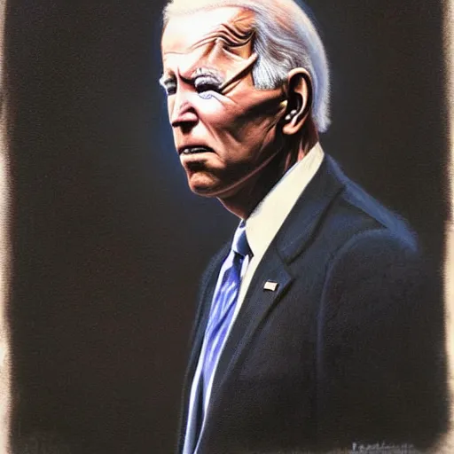 Image similar to presidential portrait of joe biden with smoking eyes and mouth as slenderman, by beksinski, jon mcnaughton, and stephen gammell