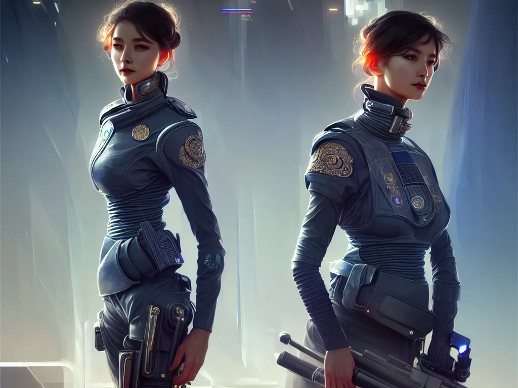 Prompt: portrait futuristic thiland police uniform female, at future neon light rooftop, ssci - fi and fantasy, intricate and very very beautiful and elegant, highly detailed, digital painting, artstation, concept art, smooth and sharp focus, illustration, art by tan zi and ayanamikodon and alphonse mucha and wlop