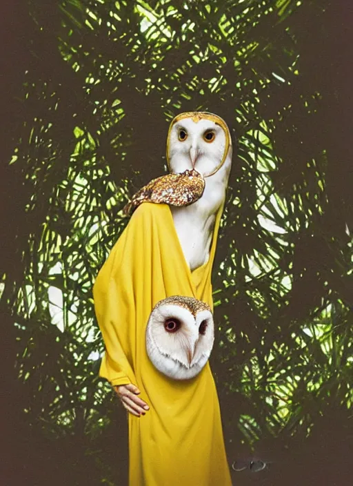 Image similar to grainy head to shoulder portrait Polaroid film photograph of an elegant top model wearing a yellow kimono with a very detailed barn owl on her shoulder!!! in a tropical greenhouse. looking at the camera!!. super resolution. Polaroid 600 film. art by Alessio albi and Annie Leibovitz.