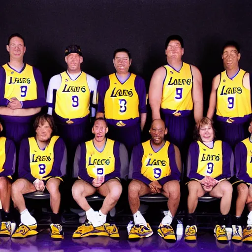 Prompt: Humpback Whales wearing Lakers jersey, team photo