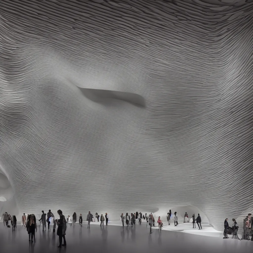 Image similar to “ the interior exhibition halls of a museum of emotions designed by zaha hadid and toyo ito, highly detailed in 4 k ”