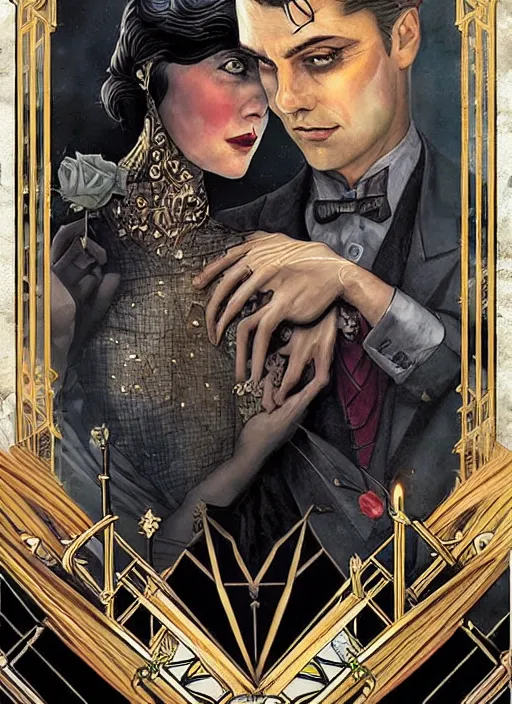 Prompt: tarot card :: horror :: vampires and draculas :: the great gatsby :: hearts and roses :: gold and silver :: guns and swords :: side profile :: highly details :: intricate details :: Sandra Chevrier and bastien lecouffe deharme