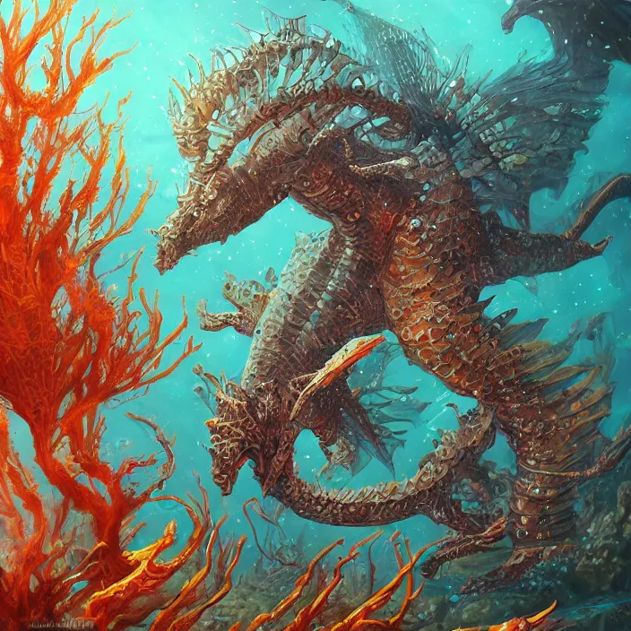 Image similar to underwater sea dragon full body, d & d style, trending on artstation, intricate, highly detailed, vivid painting, colorful, art by alexandr leskinen