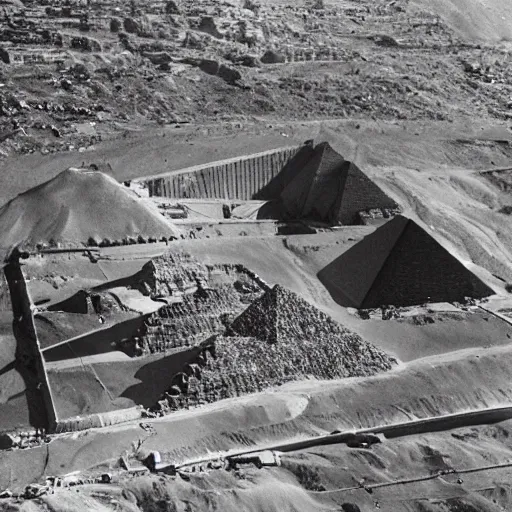 Prompt: an aerial photograph of the great pyramid of giza at the early stages of construction with heavy scaffolding in place, the top of the pyramid has not been built and is not visible, dslr