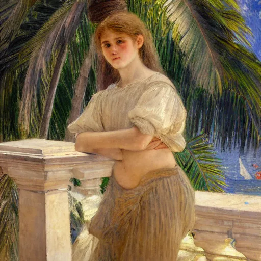 Image similar to a ultradetailed beautiful painting of a girl in the amazonas palace balustrade designed by jules bastien - lepage, hans belmer, frank weston and gustave baumann, beach, trending on artstation, mediterranean, palm trees, refracted color sparkles, sharp focus, soft light, 8 k 4 k