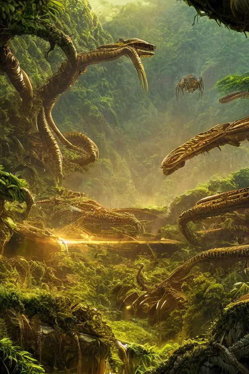 Image similar to alien hive in the exotic jungle, landscape, alex ross, giga, david finch, concept art, matte painting, highly detailed, rule of thirds, dynamic lighting, cinematic, detailed, denoised, centerd