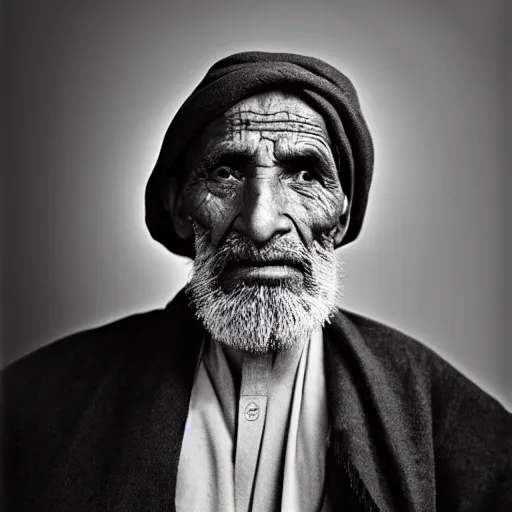 Prompt: black and white photo, portrait of 80 year old afghan man by richard avedon, realistic, Leica, medium format, cinematic lighting, parallax, high resolution,