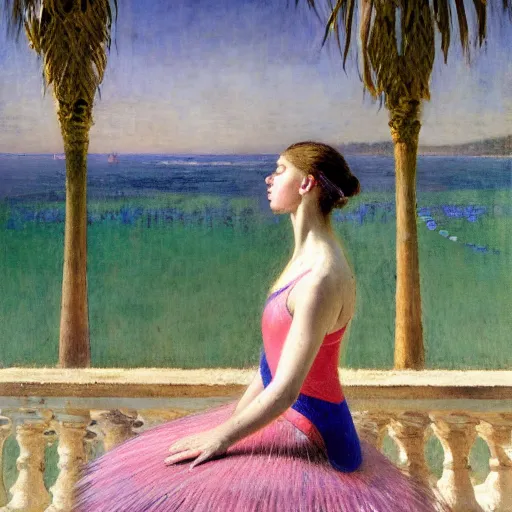 Image similar to a ultradetailed beautiful painting of a ballerina in the amazonas palace balustrade designed by jules bastien - lepage, hans belmer, frank weston and gustave baumann, beach, trending on artstation, mediterranean, palm trees, refracted color sparkles, sharp focus, soft light, 8 k 4 k