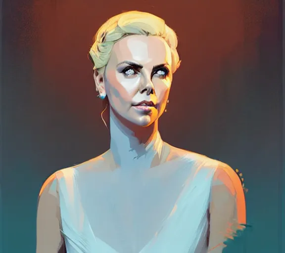 Image similar to portrait of portrait, charlize theron as a queen, fantasy, game of thrones, by atey ghailan, by greg rutkowski, by greg tocchini, by james gilleard, by joe fenton, by kaethe butcher, by ashley wood, dynamic lighting, gradient light blue, brown, blonde cream and white color scheme, grunge aesthetic