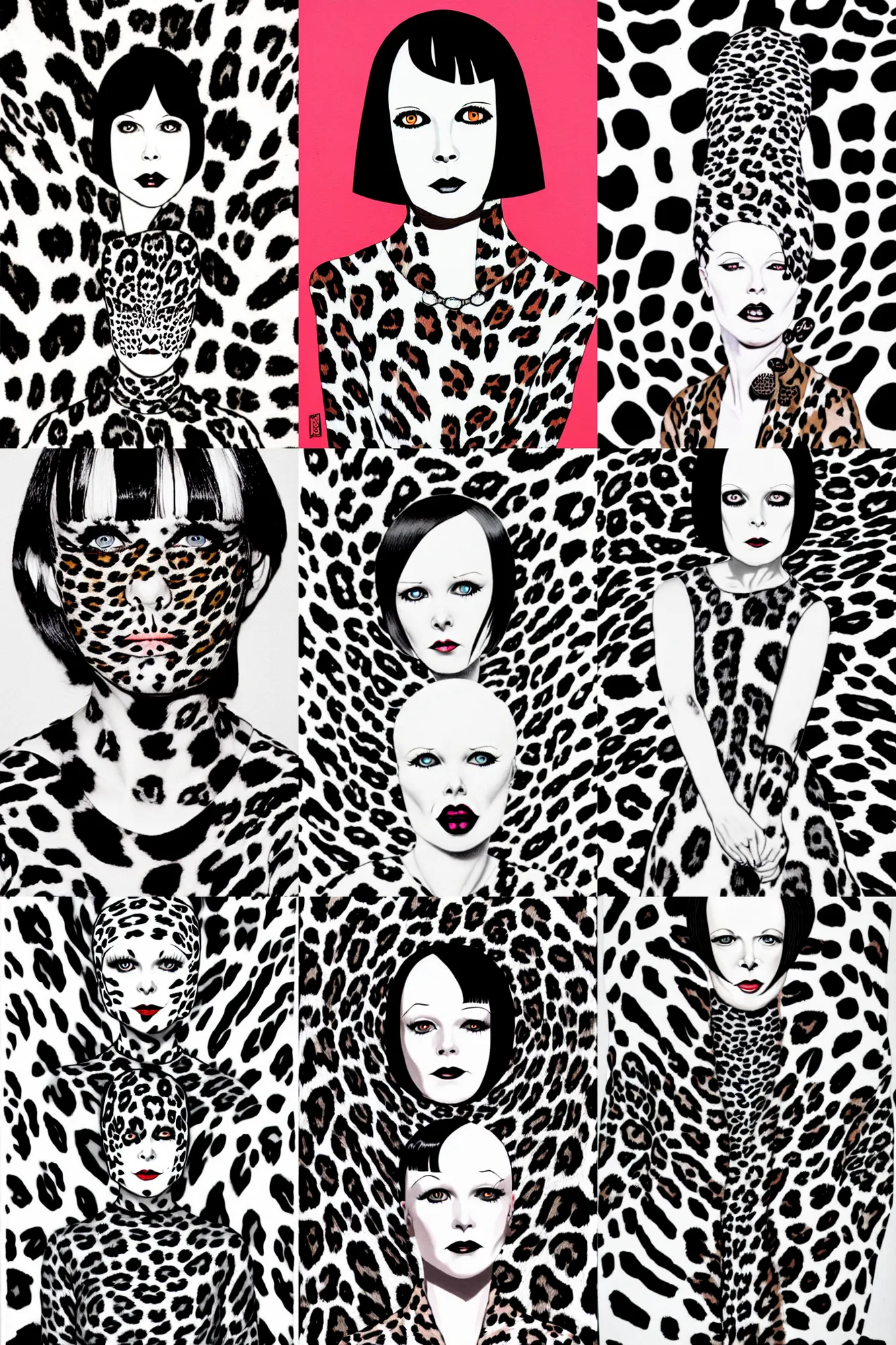 Prompt: portrait of mary louise brooks as a zombie, leopard print op art, mcbess