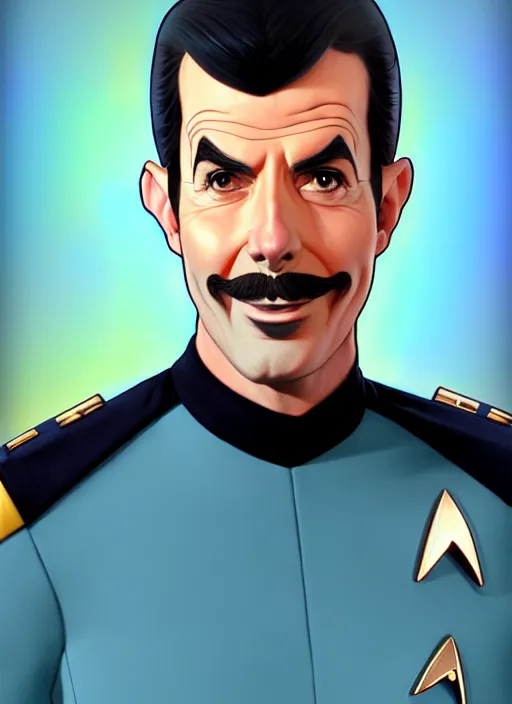 Image similar to cute star trek officer borat, natural lighting, path traced, highly detailed, high quality, digital painting, by don bluth and ross tran and studio ghibli and alphonse mucha, artgerm