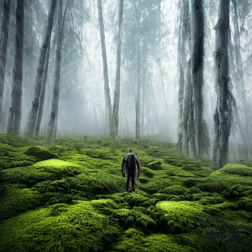 Image similar to Foggy forest with huge trees overgrown with moss and lianas, a hunter with weapons in diesel-punk style cautiously walks between the roots. 4K 64 megapixels 8K resolution DSLR filmic HDR Kodak Ektar wide-angle lens 3D shading Behance HD CGSociety Cinema 4D IMAX shadow depth rendered in Blender Unreal Engine hyperrealism photoillustration, lots of reflective surfaces, subsurface scattering