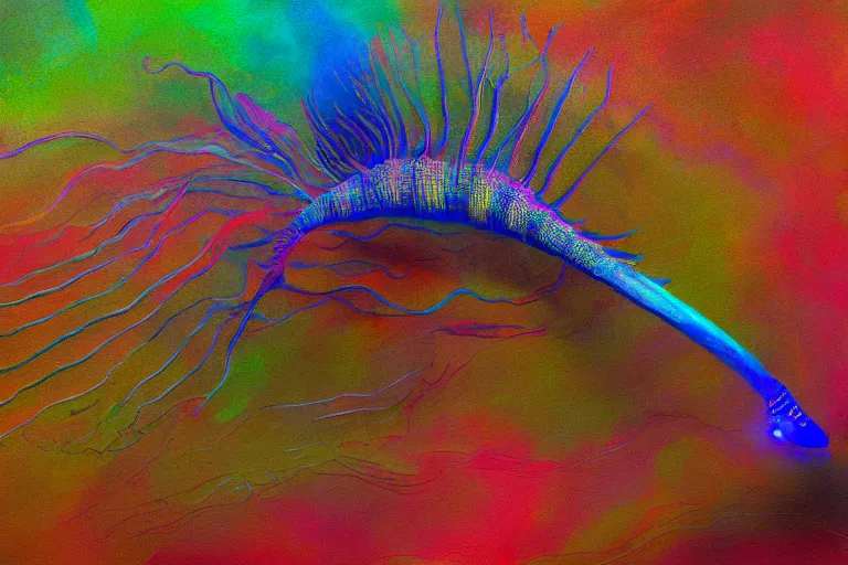 Prompt: gaseous trumpetfish,art by Alan M. Clark,trending on artstation, psychedelic lighting camera view from above,Interstellar ,fantasy artist,Dreamworks ,tonalism ,macro,