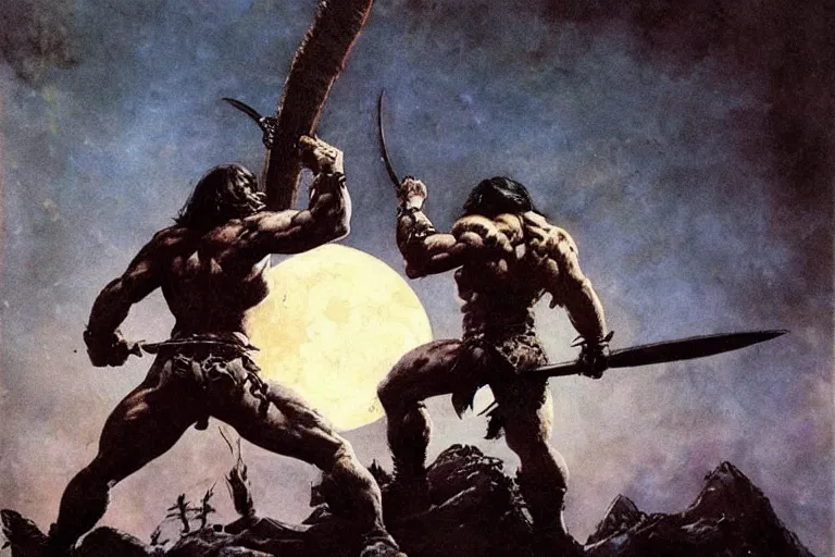 Prompt: a strong and savage barbarian warrior beneath a full moon, art by frank frazetta