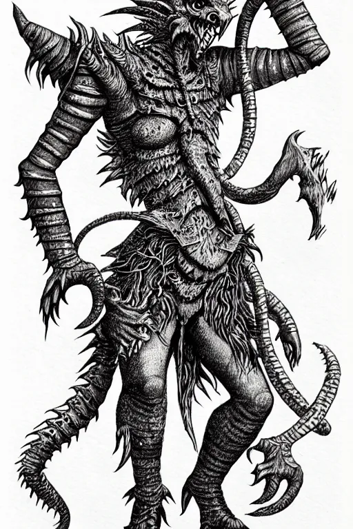 Image similar to katy perry as a d & d monster, full body, pen - and - ink illustration, etching, by russ nicholson, david a trampier, larry elmore, 1 9 8 1, hq scan, intricate details, inside stylized border