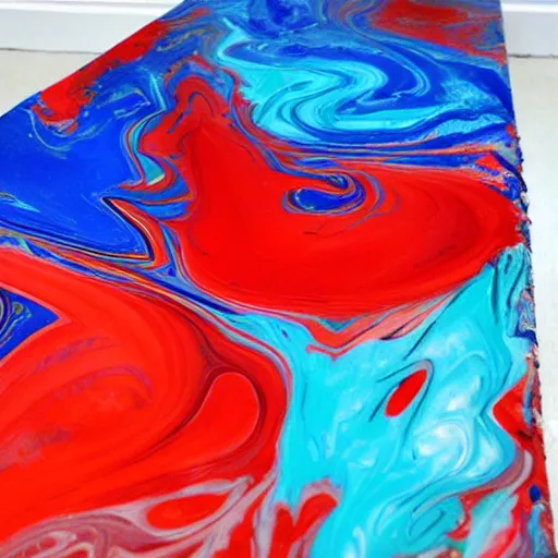 Image similar to wet paint marbling, red and blue duotone