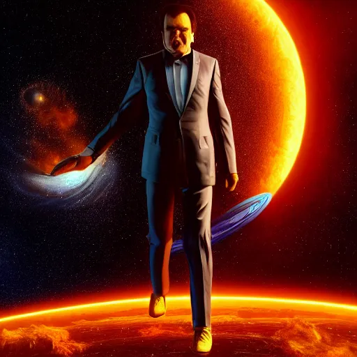 Image similar to hyperrealistic film full body still of quentin tarantino in space, stunning 3 d render, inspired by istvan sandorfi & greg rutkowski & unreal engine, perfect symmetry, dim volumetric cinematic lighting, 8 k octane comprehensive render, extremely hyper - detailed, incredibly lifelike attributes, intricate, real flesh texture, masterpiece, artstation, stunning,