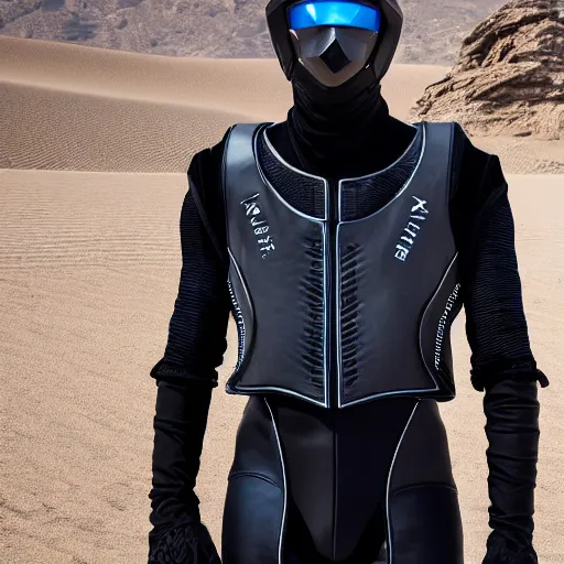 Image similar to medium face shot of adult Austin Butler dressed in black-prussian blue futuristic-tudoresque clothing with embroidered-Ram-emblem, and nanocarbon-vest, in an arena in Dune 2021, XF IQ4, f/1.4, ISO 200, 1/160s, 8K