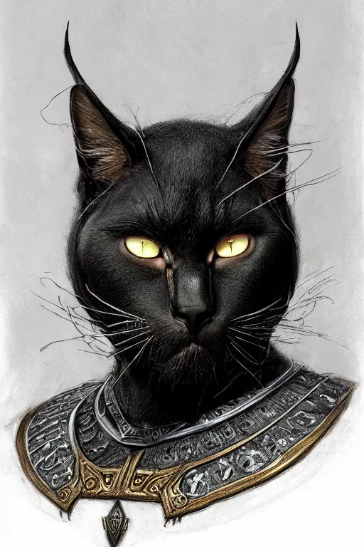 Image similar to head and shoulders portrait of a warrior, tabaxi, black cat, male, breastplate, magical, high fantasy, d & d, by donato giancola, face details, extremely detailed, digital illustration