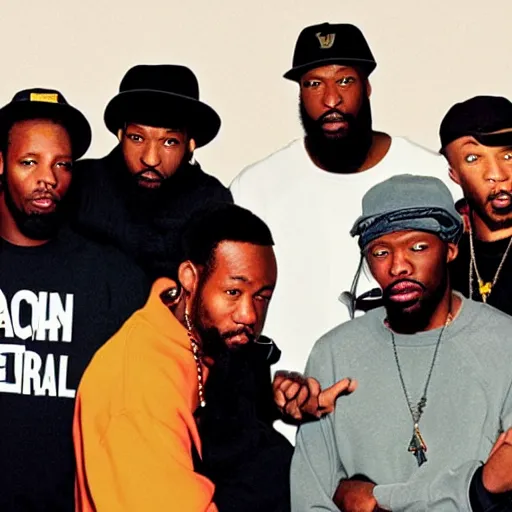 Prompt: the wu tang clan poses for a photo, magazine cover