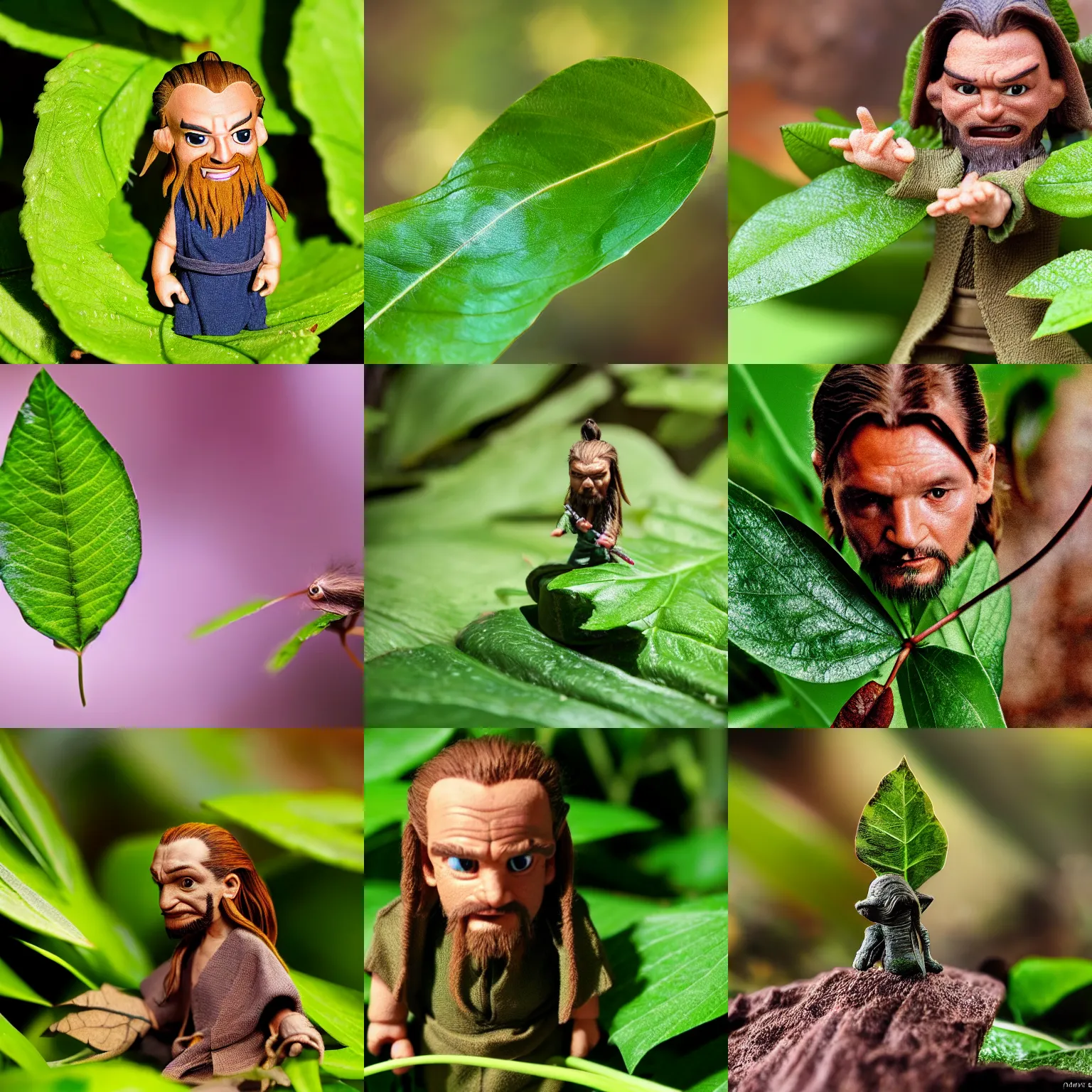 Prompt: Small Qui-Gon Jinn dwarfed by a leaf, in a garden, macro photography