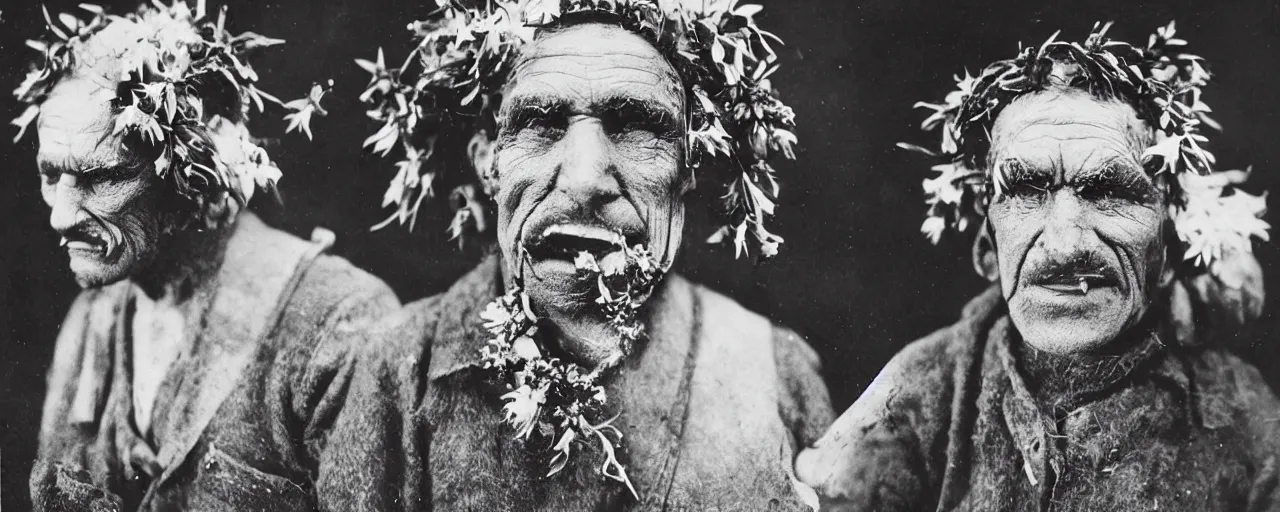 Prompt: 1920s portrait photography of an alpine old farmer transforming into a monster, edelweiss growing out of his face, devilish horns on his head