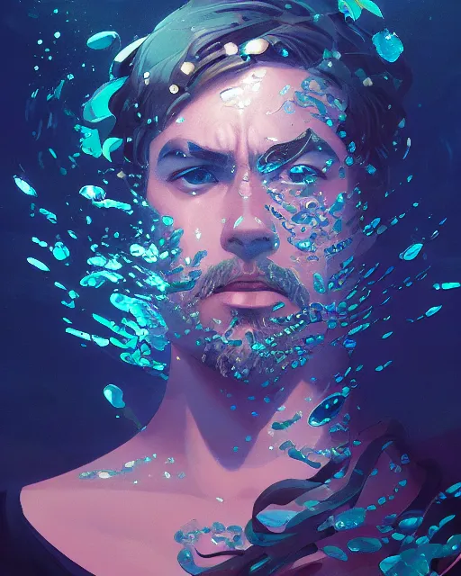 Prompt: shattered glass stylized portrait of poseidon, cracked obsidian geometric fantasy art, splattering black gold iridescent bubbly underwater scenery, greg rutkowski, loish, rhads, makoto shinkai, lois van baarle, ilya kuvshinov