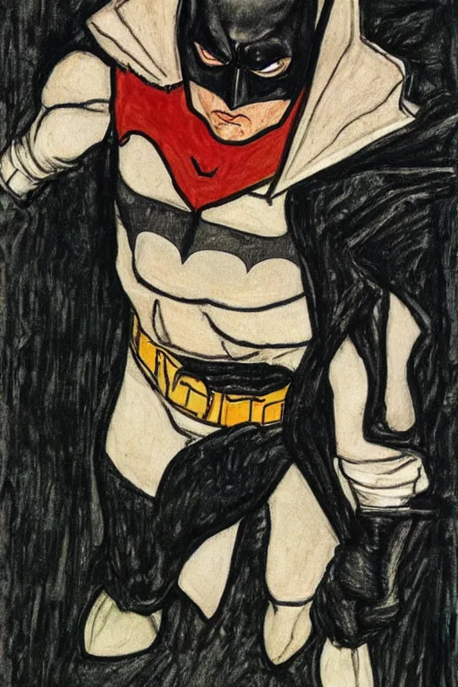 Prompt: Batman by drawing by Egon Schiele