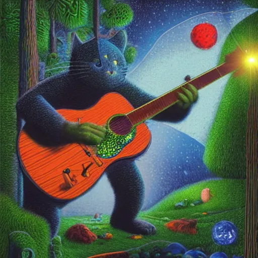 Prompt: morning in the middle of the day in the lush forest, guitar, milky way, designed by moebius, rob gonsalves, gustav dore, giuseppe arcimboldo and carl barks, louis wain, trending on artstation, canada, star, sharp focus, colorful refracted sparkles and lines, soft light, 8 k 4 k