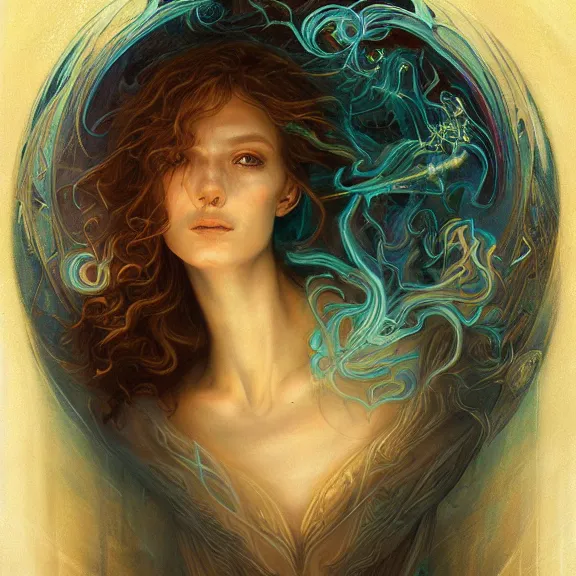 Image similar to a highly detailed beautiful portrait in the style of jean delville and in the style of peter mohrbacher. glowing rune of magical power.