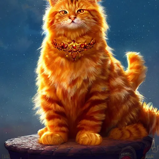 Prompt: colossal fluffy orange royal king tabby cat wearing a golden crown, golden hour, fantasy, vivid colors, sharp focus, digital art, hyper - realistic, 4 k, unreal engine, highly detailed, hd, dramatic lighting by brom, trending on artstation