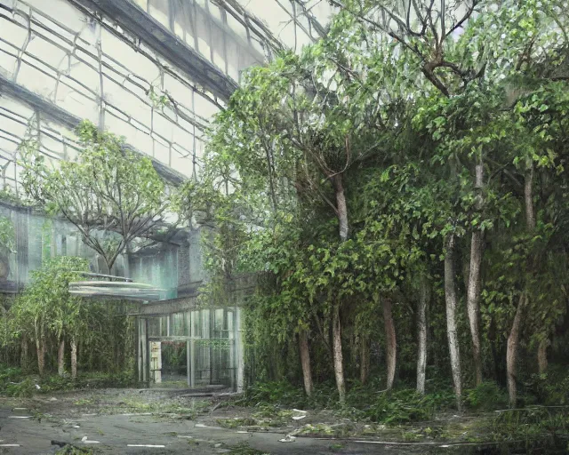 Image similar to trees growing in an abandoned shopping mall, overgrown by flower, vines, hyperrealistic, highly detailed, oil painting, intricate, cgsociety, artstation, 8 k, cinematic, muted colors, soft lighting, smooth, sharp focus