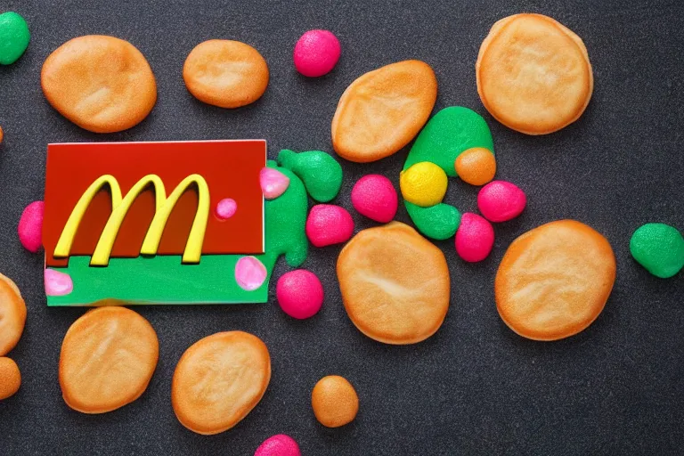 Image similar to mcdonalds colorful pattys, commercial photograph taken on table