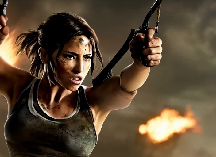 Image similar to film still of!!!! chloe bennett!!! as lara croft in new tomb raider movie, 8 k