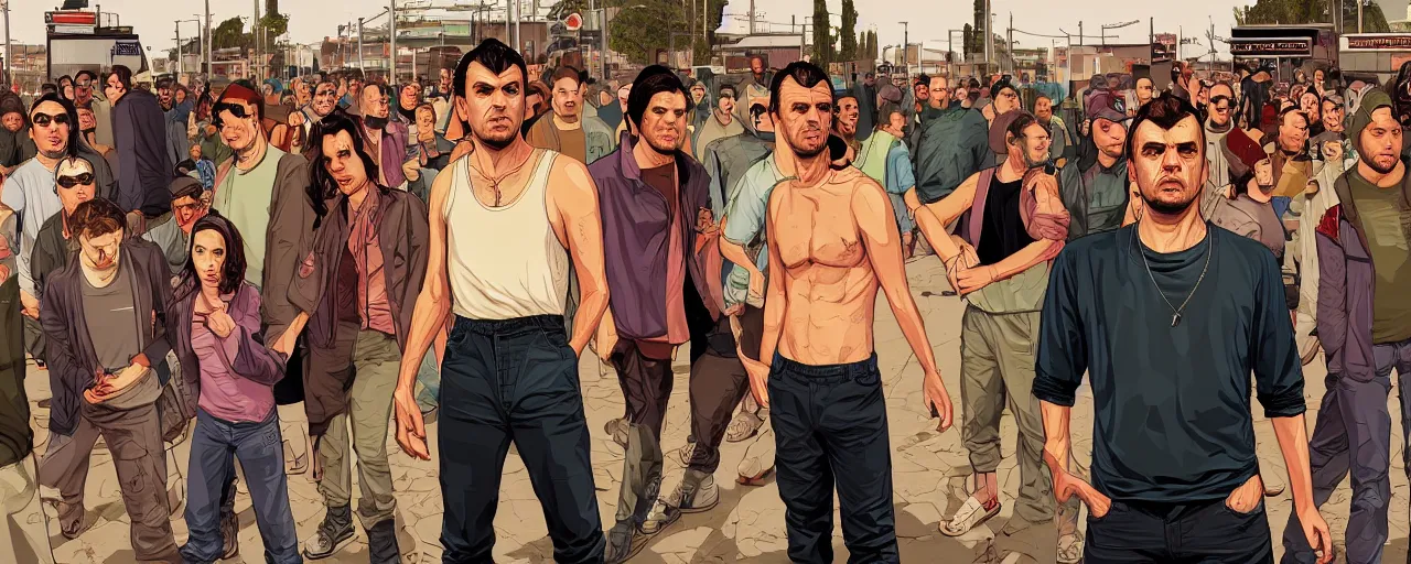 Prompt: full body of Raelsan (Orelsan) in the center of image of GTA V loading screen illustration in the style of Stephen Bliss, uncrop, uncropped Orelsan very detailed GTA illustration from Stephen Bliss, full body Orelsan trending on artstation, Orelsan trending on deviantart, symmetrical face Orelsan, GTA V, Orelsan