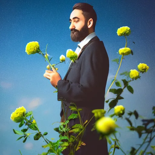 Image similar to a portrait of a man with flowers in the beard, roses peonies forget-me-nots dahlias lupins gladioli, sky theme in background, 35mm Photograph, 4K Resolution, Astrophotography, Digital Art, Trending on artstation