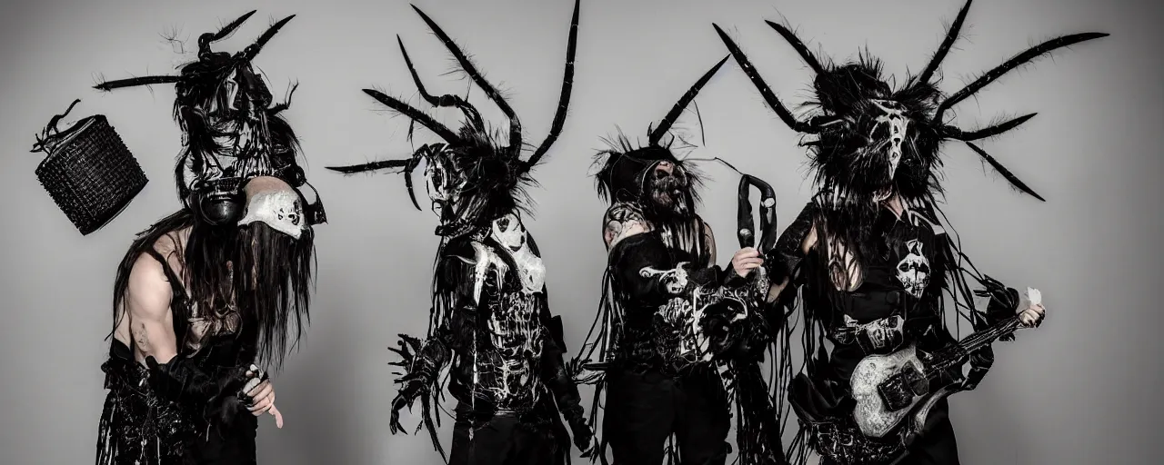 Image similar to award-winning photography of a rock black metal group with costumes inspired by insects, playing music in a concert