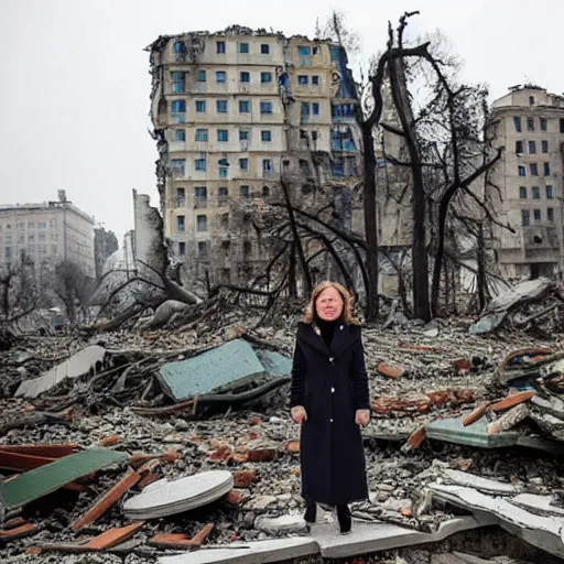 Prompt: the coat of arms of ukraine, against the background of the destroyed city