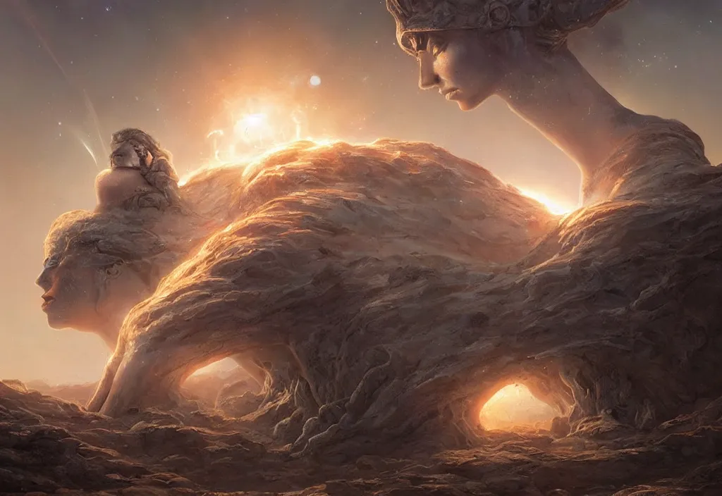 Image similar to an ancient alien female momument staring into space as the sun goes supernova, by dorian cleavenger, by greg rutkowski, by wlop, by astri lohne, by zdzisław beksinsk