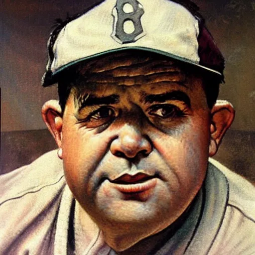 Image similar to a portrait painting of Babe Ruth. Painted by Norman Rockwell